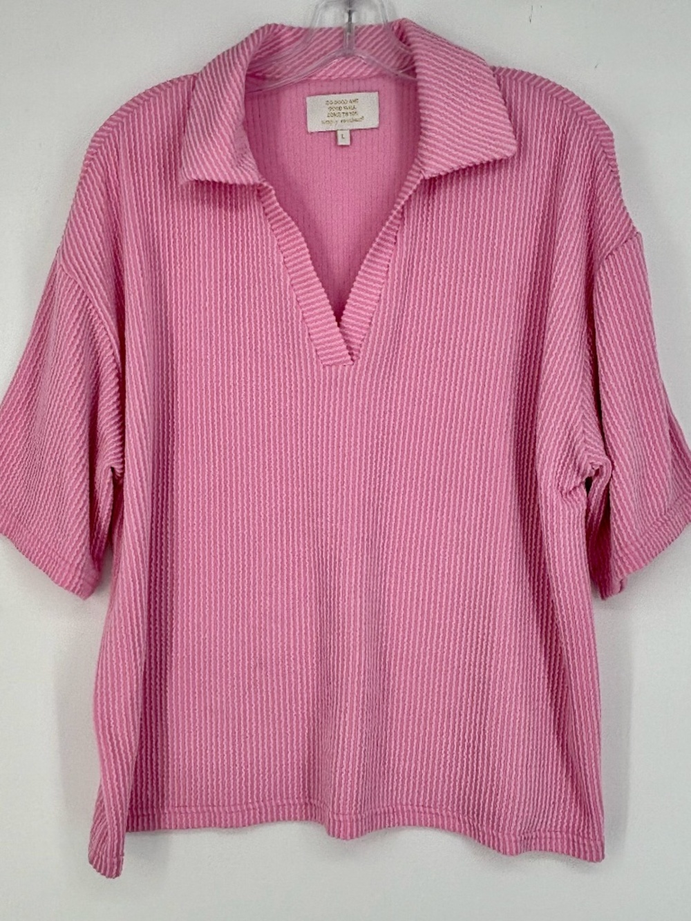 Simply Southern Womens Large Polo Knit Top Bright Pink Oversized Fit Short Slv